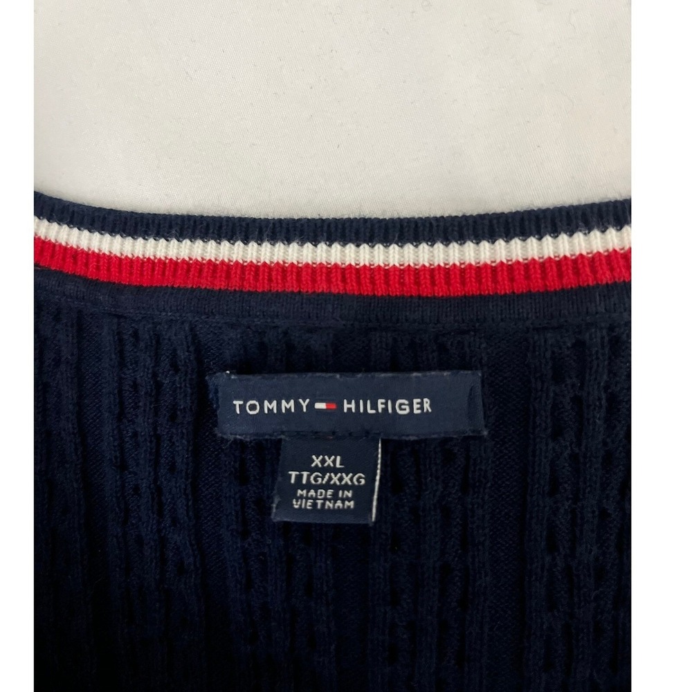 Tommy Hilfiger Preppy Navy Blue Cable Knit Sweater Striped Collar Pullover XXL‎ - Picture 3 of 5